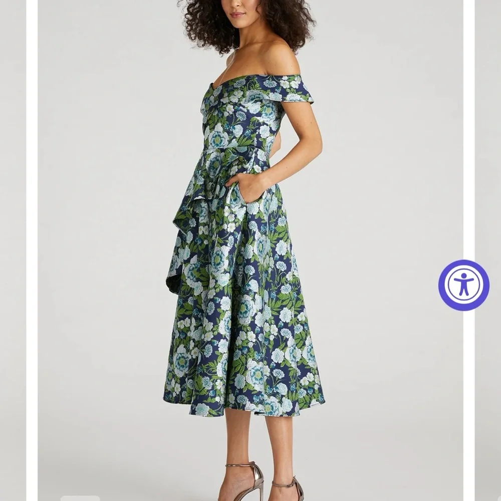 Theia Green Floral Off-Shoulder Midi Dress - Picture 4 of 4